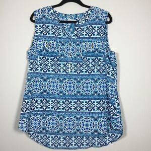 White blue green sleeveless floaty top gold tone buttons summer casual size XL